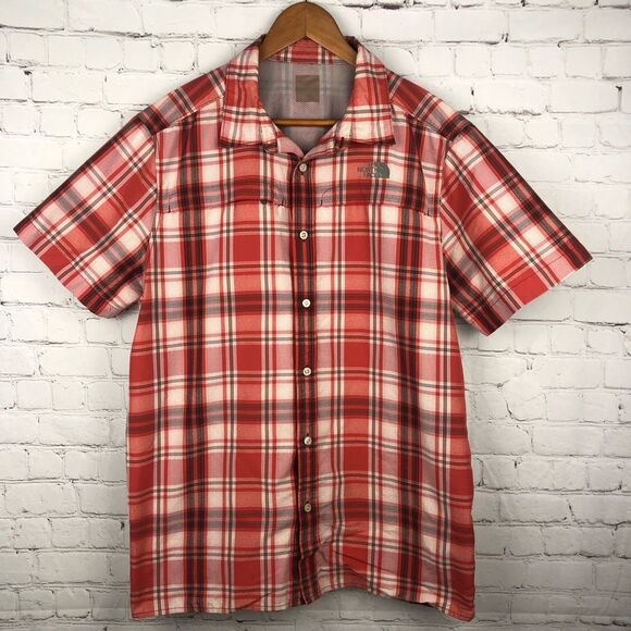 The North Face Red Plaid Short Sleeve Button Up Men's Sz Large - Picture 1 of 11